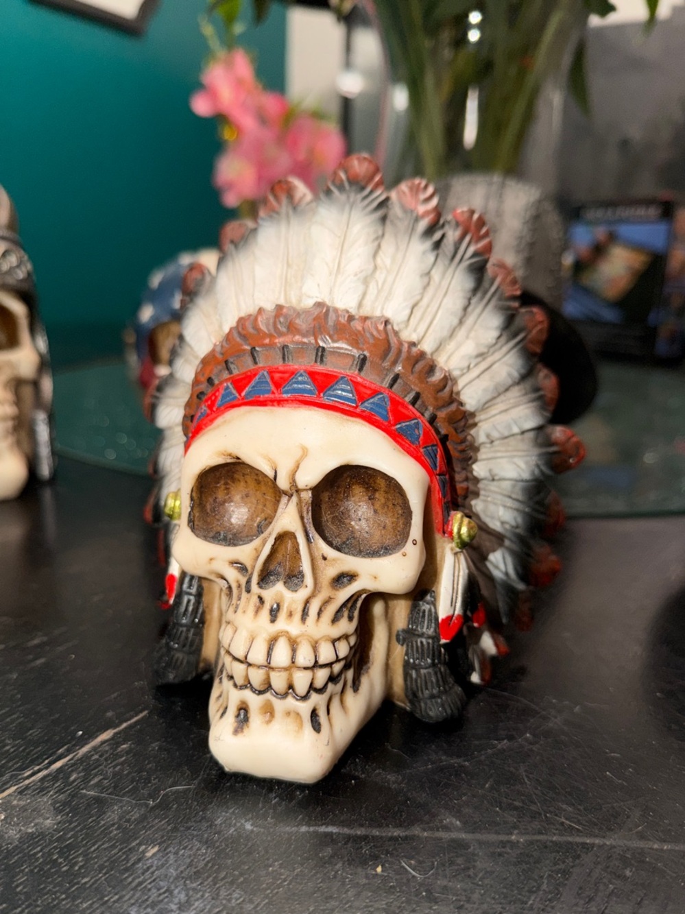Decorative Skull with Feather Headdress - Red & White Accents